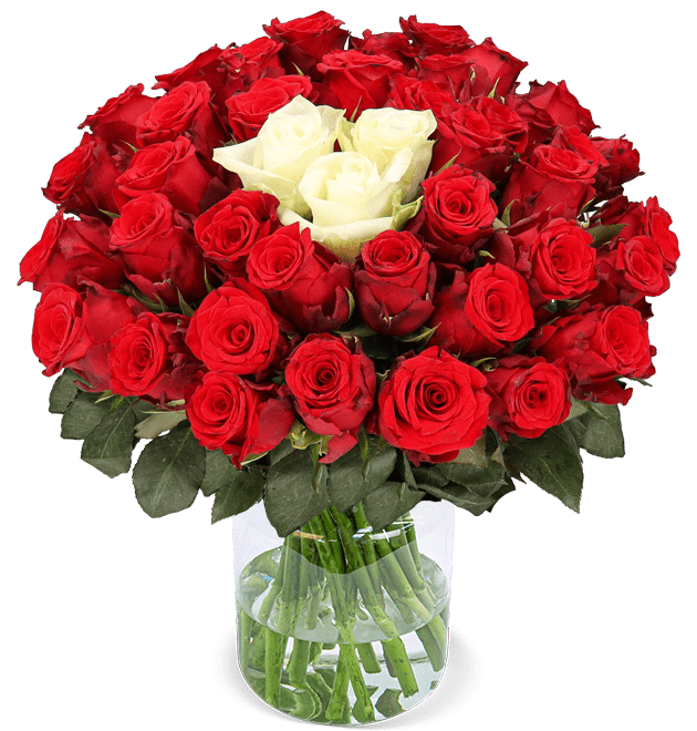 50 Rosen „Herzensglück“ | Rosenstrauß in Rot & Weiß mit Rosenherz