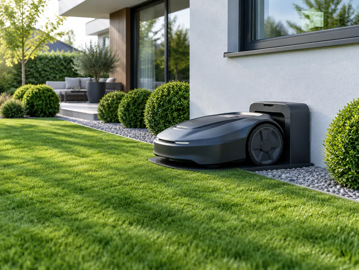 Mähroboter an der Ladestation neben einem modernen Wohnhaus